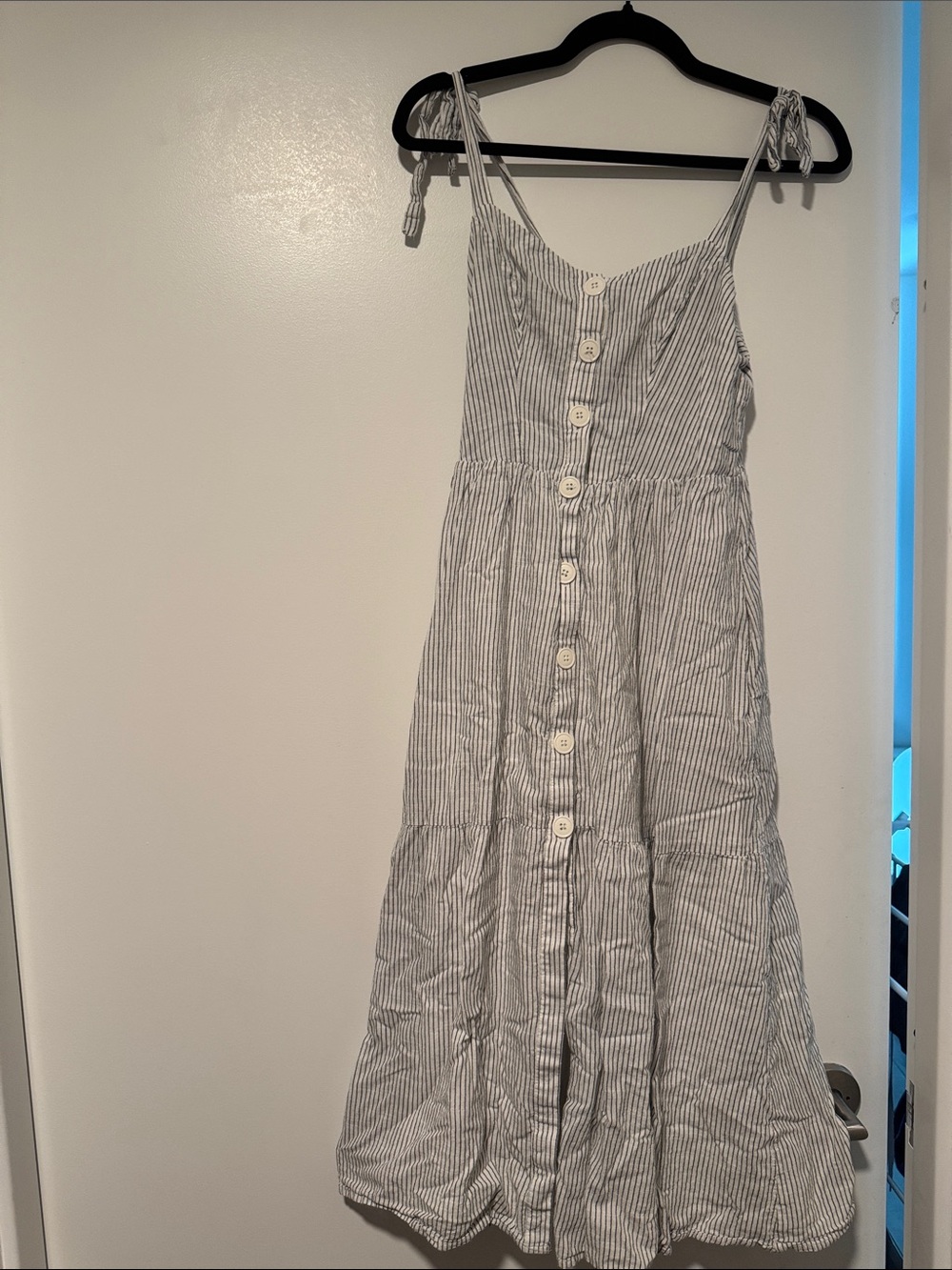 Urban Outfitters White and Blue Pinstripe Tie-Shoulder Midi Dress